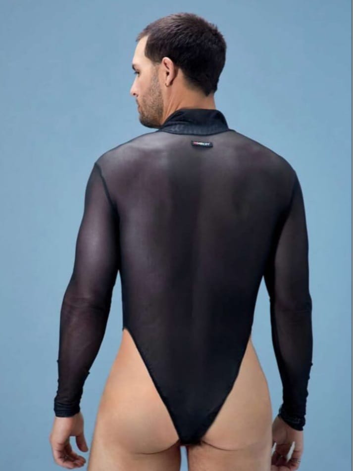 men's angal print sheer sexy long sleeve daily bodysuit
